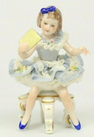 Mv Muller Volkstedt Irish Dresden Lace Porcelain Figurine Of A Girl 3.  5 "