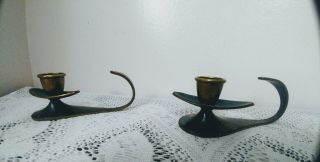 Vintage Brass & Enamel Hand Held Candle Stick Holders Made In Israel