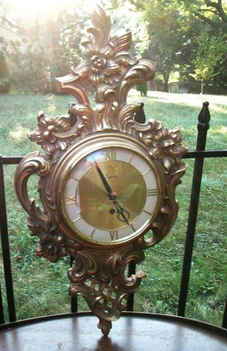 Vintage Antique Gold Syroco Hollywood Regency Mcm Ornate Wall Clock 8 Day Jewel