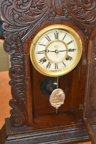 Vintage Waterbury Gingerbread " Brighton " Mantle Clock,  8 Day Key And Pendulum
