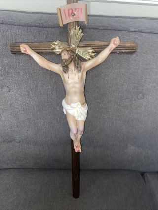 Vintage Wood And Plaster Crucifix Made In Spain Early 20th Century 20” Tall