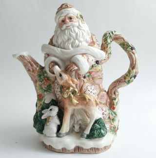 Fitz & Floyd Vintage Santa Claus Teapot 1996 28 Oz Woodland Deer Christmas