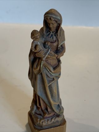 Vintage Anri Virgin Mary And Baby Jesus Statue Wood Carved 3 1/2”
