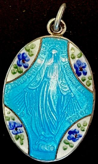 Vintage Catholic Creed Sterling Silver Miraculous Mary Blue Enamel Medal