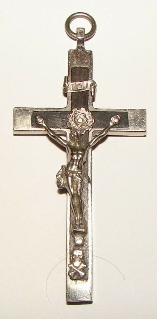 Vintage Pectoral Crucifix Metal & Ebony Wood Skull Crossbones Germany 2.  75”