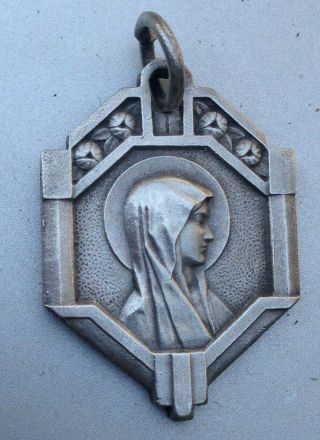 Antique Art Deco Virgin Mary Lourdes Apparition Medal W Roses St Bernadette