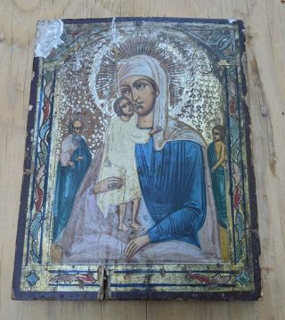 19c.  Russian Imperial Orthodox Religious Icon Mother Of God Egg Tempera Painting