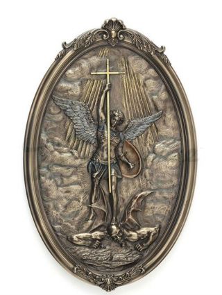 9.  5 " Saint Michael Tramples Demon Holding Crucifix Oval Wall Plaque Archangel