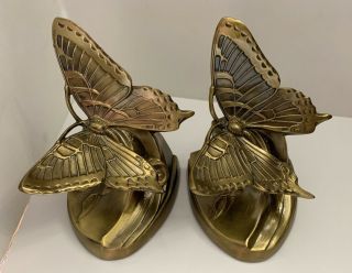 2 Vintage Pm Craftsman Brass Butterfly Bookends Hand Crafted Company Sticker