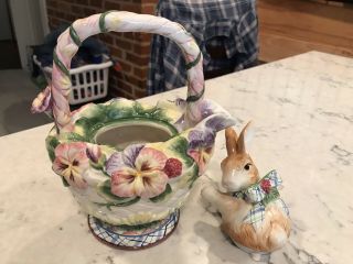2003 Fitz & Floyd Halcyon Bunny Pansies Teapot - Hand Painted - Rabbit 3