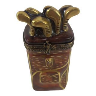 Vintage Limoges France Peint Main Porcelain Golf Bag With Clubs Trinket Pill Box