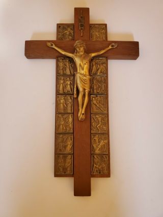 Vintage Ornate Wood & Brass Crucifix Made In Germany 11 1/2 " Rare