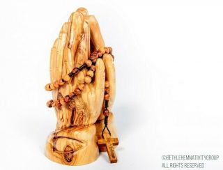 Stunning Hand Carved Olive Wood Praying Hands With A Rosary Beads.