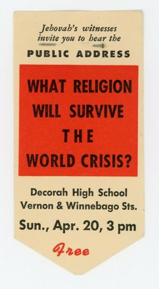 1952 Circuit Assembly Badge What Religion Survive World Crisis? Iowa Watchtower