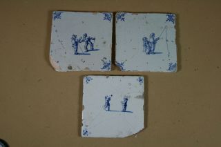 Three 17th C Dutch Delft Tiles With Figures