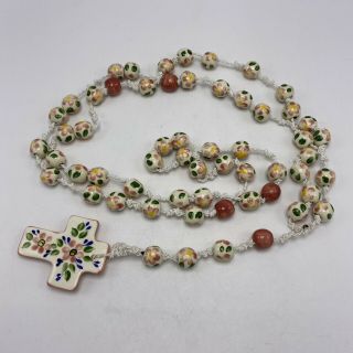 Vintage Large Wall Rosary With Ceramic Round Beads,  3 " Cross Floral Euc