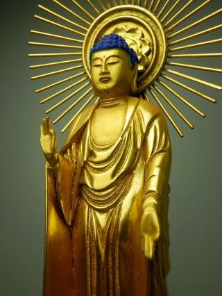 Japanese 40.  5cm 15.  9 " Buddhist Amida Nyorai Standing Statue Gold Gilt Lacquered