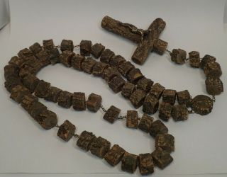 Vintage Handmade Large Wooden Wall Rosary With Metal Crucifix