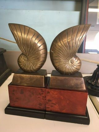 Gorgeous Vintage Ethan Allen Aged Brass Nautilus Shell Bookends 9 " Tall
