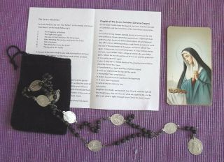 Vintage Chaplet 7 Sorrows Of Mary France Velvet Pouch Holy Card & Paper For Use