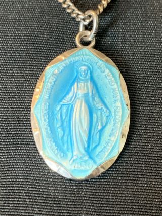 Vintage Sterling Silver & Enamel Miraculous Medal Pendant Mary Lady Of Grace 1 "