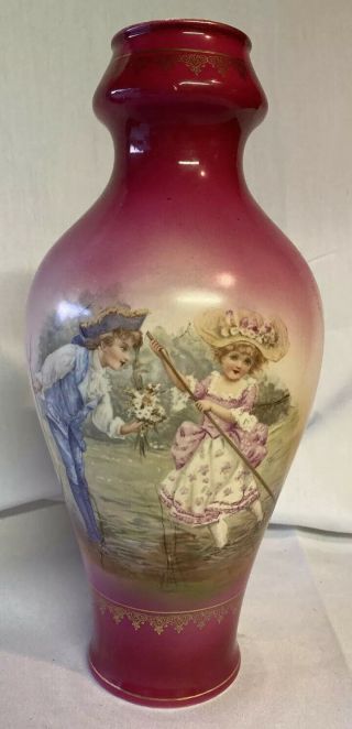 Vintage Hand Painted Royal Bonn 1755 Germany 12” Vase Floral With Couple