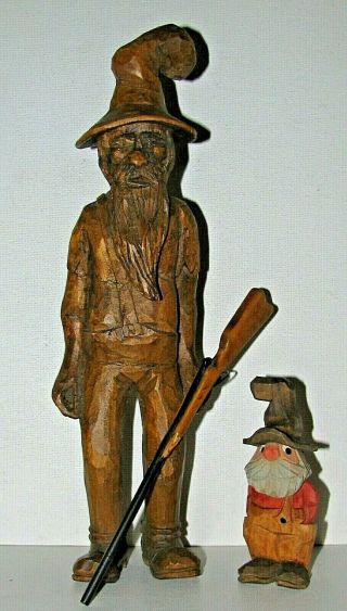Two Hand Carved Wood Hillbilly Figure Signed Rw & Unknown Artist