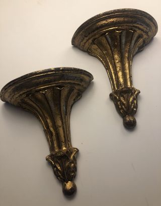 Vintage Gilt Pair Florentine Florentia Gold Wall Sconce Shelf Brackets Italy