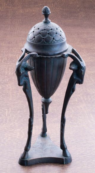 Old Vintage Brass or Bronze Incense Burner/Urn With 3 Ram Heads Long Hooves Legs 2
