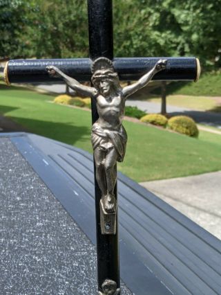 Antique Ebony Wood & Metal Standing Crucifix Cross w/ Skull & Crossbone Insignia 2