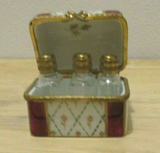 Signed Limoges France Vanity Box Hand Decorated W/3 Glass Perfume Bottles
