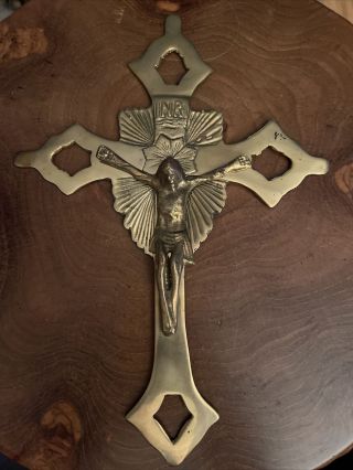 Vintage Large Jesus Christ Inri Wall Cross Crucifix Brass Metal India 11 X 7.  5