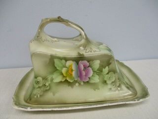 Antique Covered Butter Cheese Dish With Art Nouveau Anemone Poppy Flowers