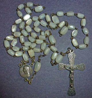 Antique Mother Of Pearl Rosary Beads,  Sterling Crucifix And Medal W/ Shell Case