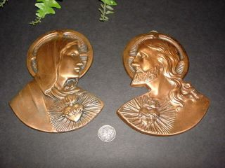 Vintage Catholic Wall Plaques - Sacred Heart Of Jesus,  Mary - Made Of Copper