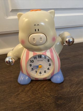 Vintage Rhythm Japan “time To Exercise” Pig Quartz Clock Alarm Anime Rare