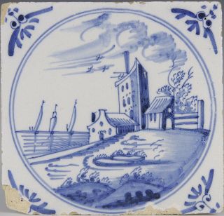 Dutch Delft Blue Tile,  Landscape With Housed And Ships,  18th Century.