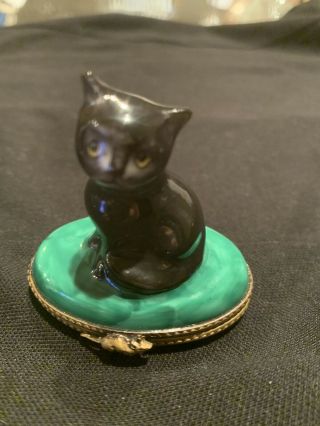 Limoges Trinket Box - Black Cat With Mouse Clamp