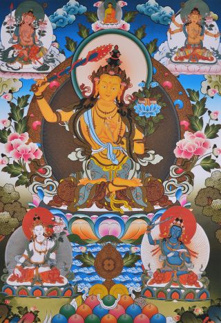 25 " Natural Mineral Color Silkprint Tibetan Thangka : Five Forms Of Manjushri