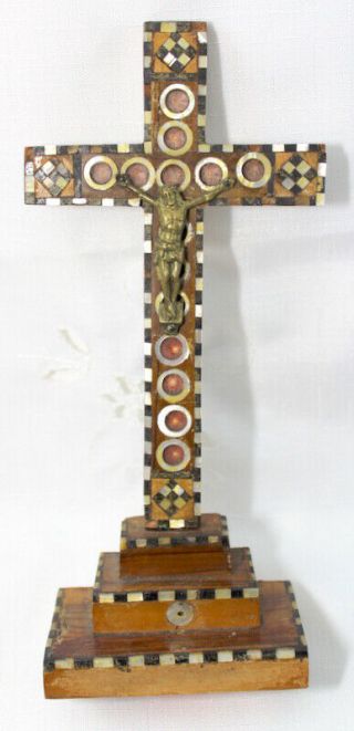 Antique Standing Crucifix Cross Mother Of Pearl Wood