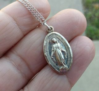 Vintage Religious Sterling Silver Virgin Mary Medal And Chain Necklace