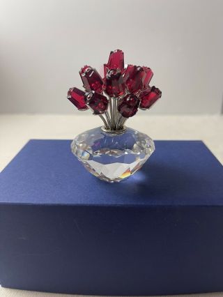 Retired Swarovski Austrian Crystal Vase With 15 Red Rose Glass Flowers Figurine