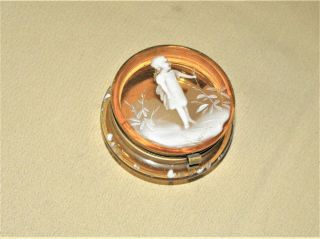 Vintage Bohemian Amber Glass Trinket Snuff Pill Box Mary Gregory Fairy Girl Rare