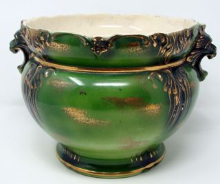 Df Haynes Balt Balto Pottery Lion Head Urn Vase Faience Ferner Green Gold 7 "