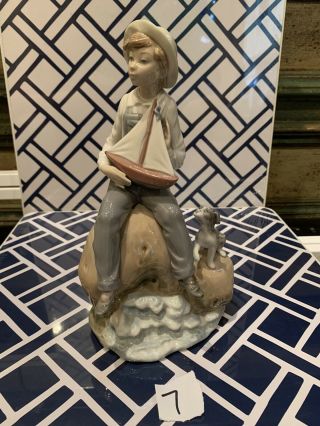 Vintage Lladro Boy With Sailboat And Dog Sculpture 1