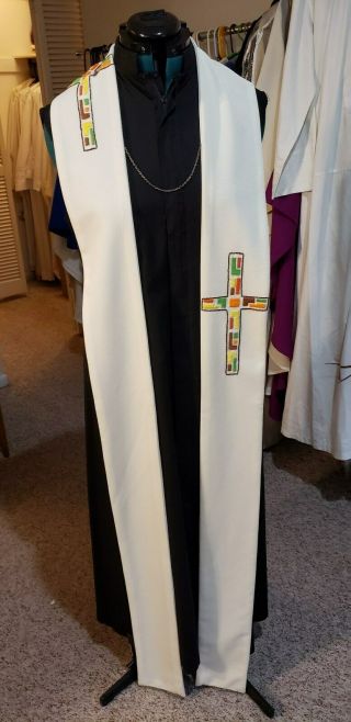 Clergy Stole Liturgical Vestment Hand Crafted Off White W/embroidered Crosses
