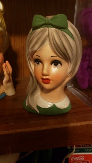 Vintage Blonde Teen Lady Head Vase Napco C - 8493 Green Dress And Bow 5 1/2 "