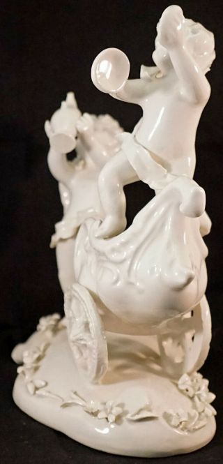 White Porcelain Capodimonte Nude Cherub Putti Figurine Dancing with Cart F.  W.  L.  M 2