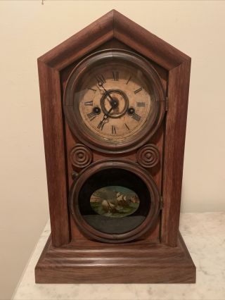 Antique E.  Ingraham Doric Mantel / Shelf Clock With Clipper Ships/