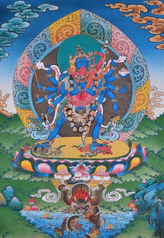 25 " Natural Mineral Color Silkprint Tibetan Thangka: Chakrasamvara With Consort =
